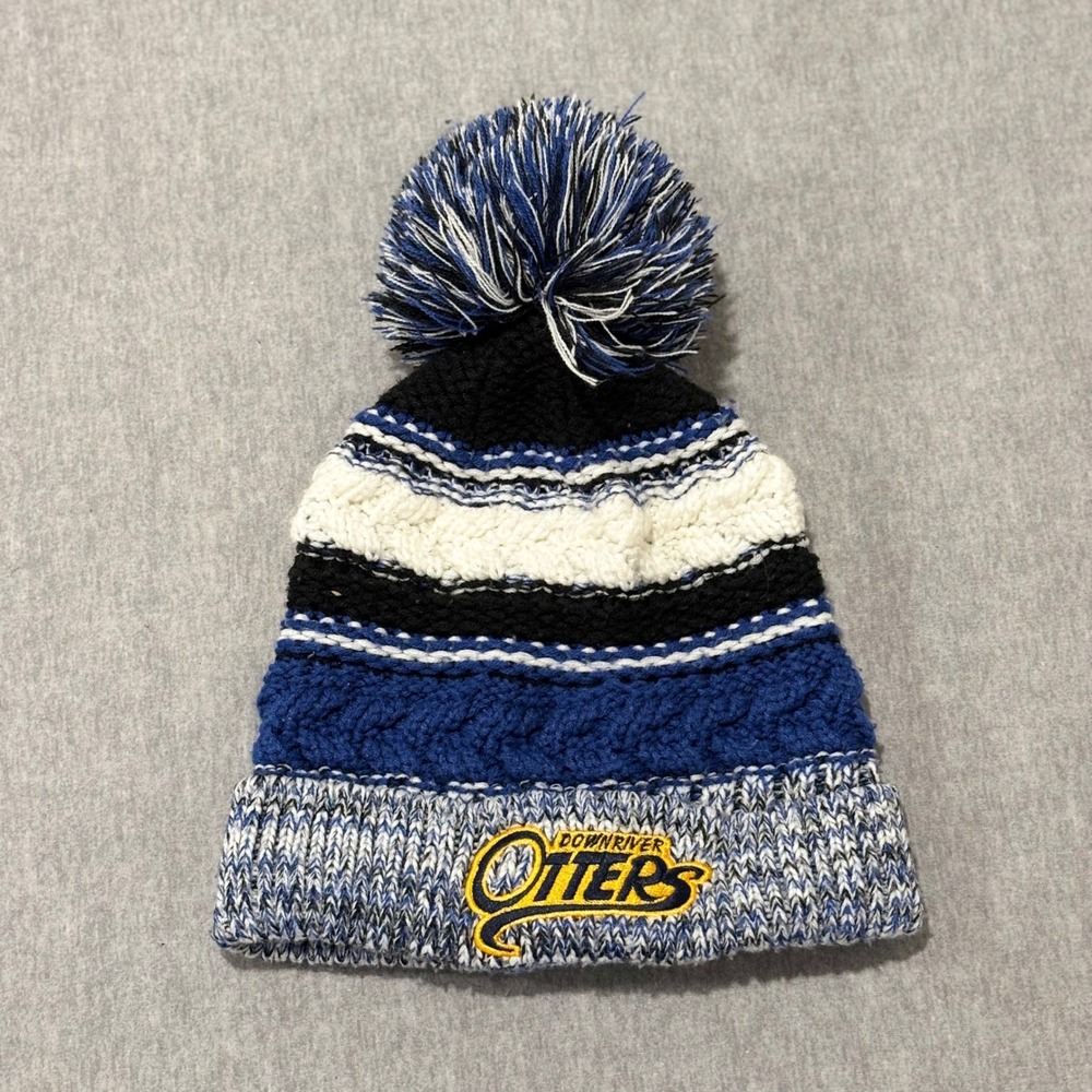 Downriver Otters Beanie Hat Pom Cable Knit Blue White Striped‎ Number 6 Hockey